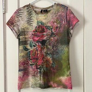 New Directions full lace floral graphic blouse Y2K size large lined multicolor